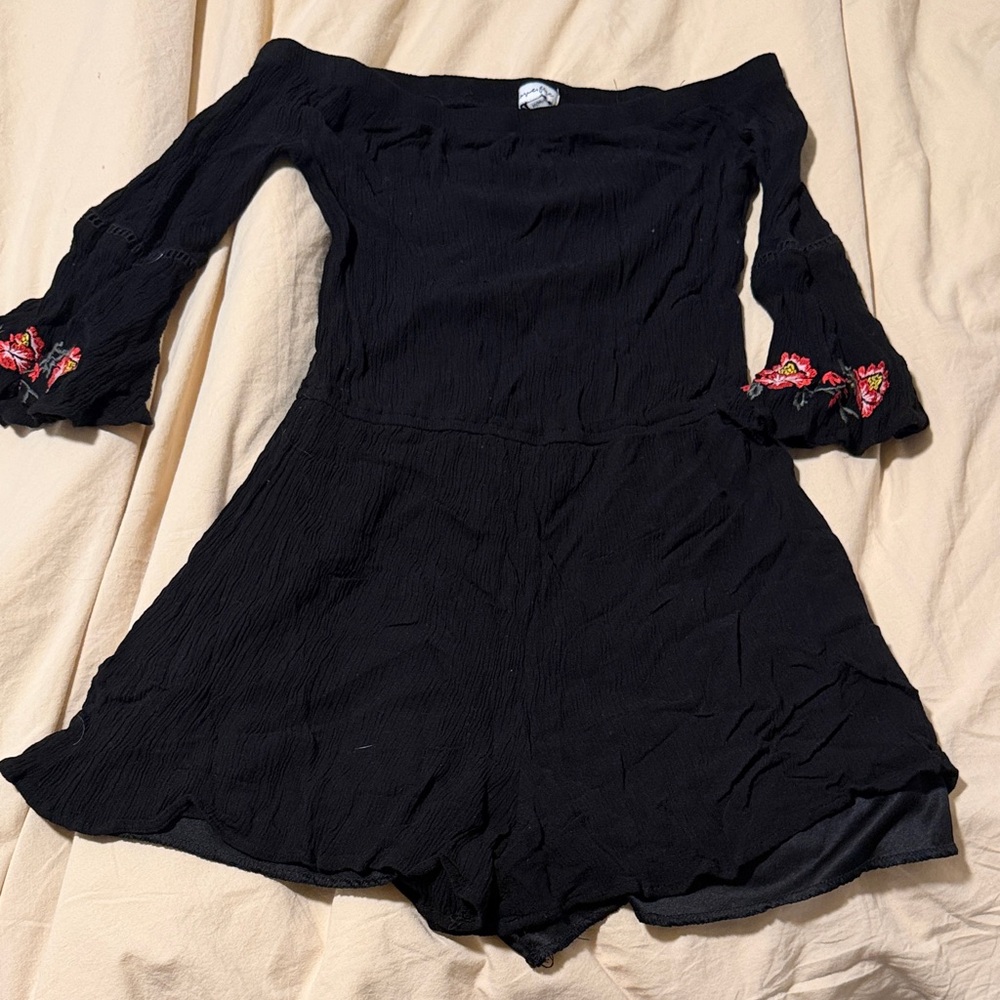 love, Fire Black Off-Shoulder Romper with Floral Embroidery